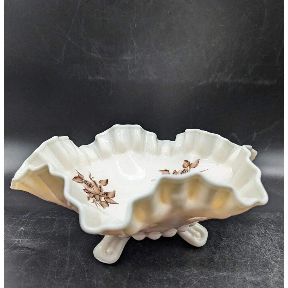 Vintage Fenton Beige & Brown flowers Hand-Painted Candy Dish Bowl Footed 8